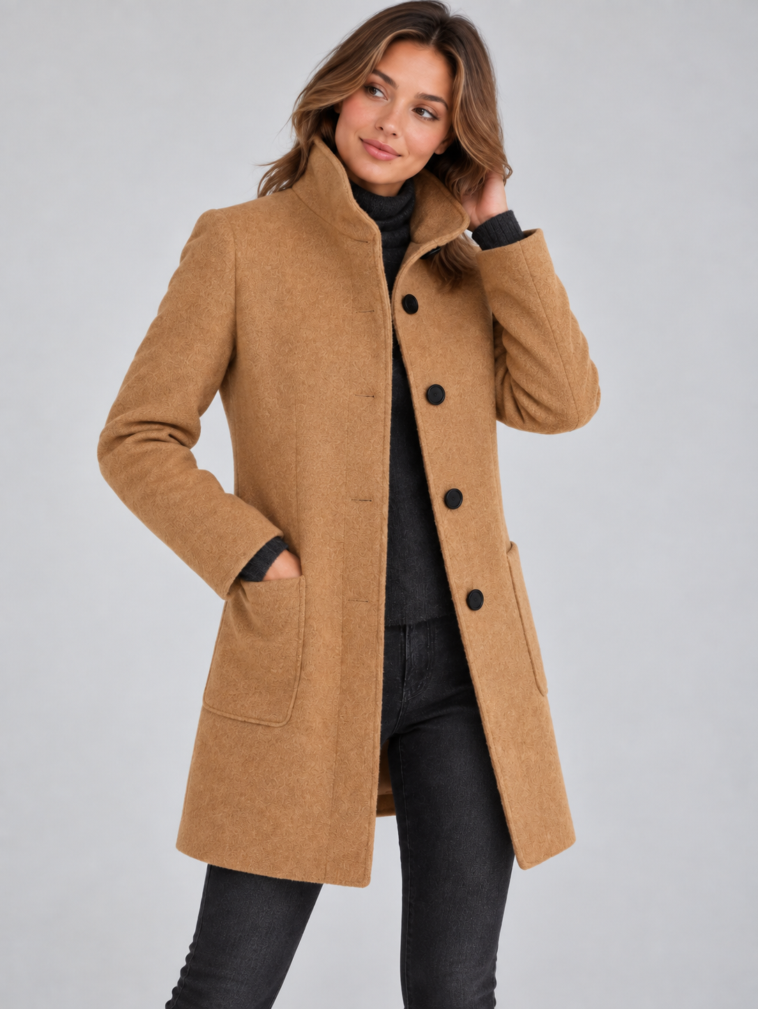 Mia | Women’s Stand-Collar Coat | Button Front Side Pockets Everyday Wear - khaki, image 22 - Glorysoul