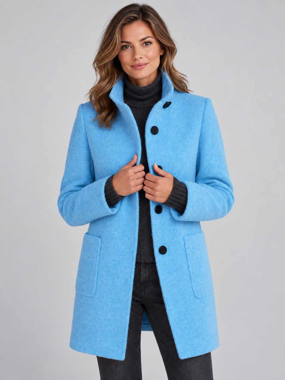 Mia | Women’s Stand-Collar Coat | Button Front Side Pockets Everyday Wear - light blue, image 29 - Glorysoul