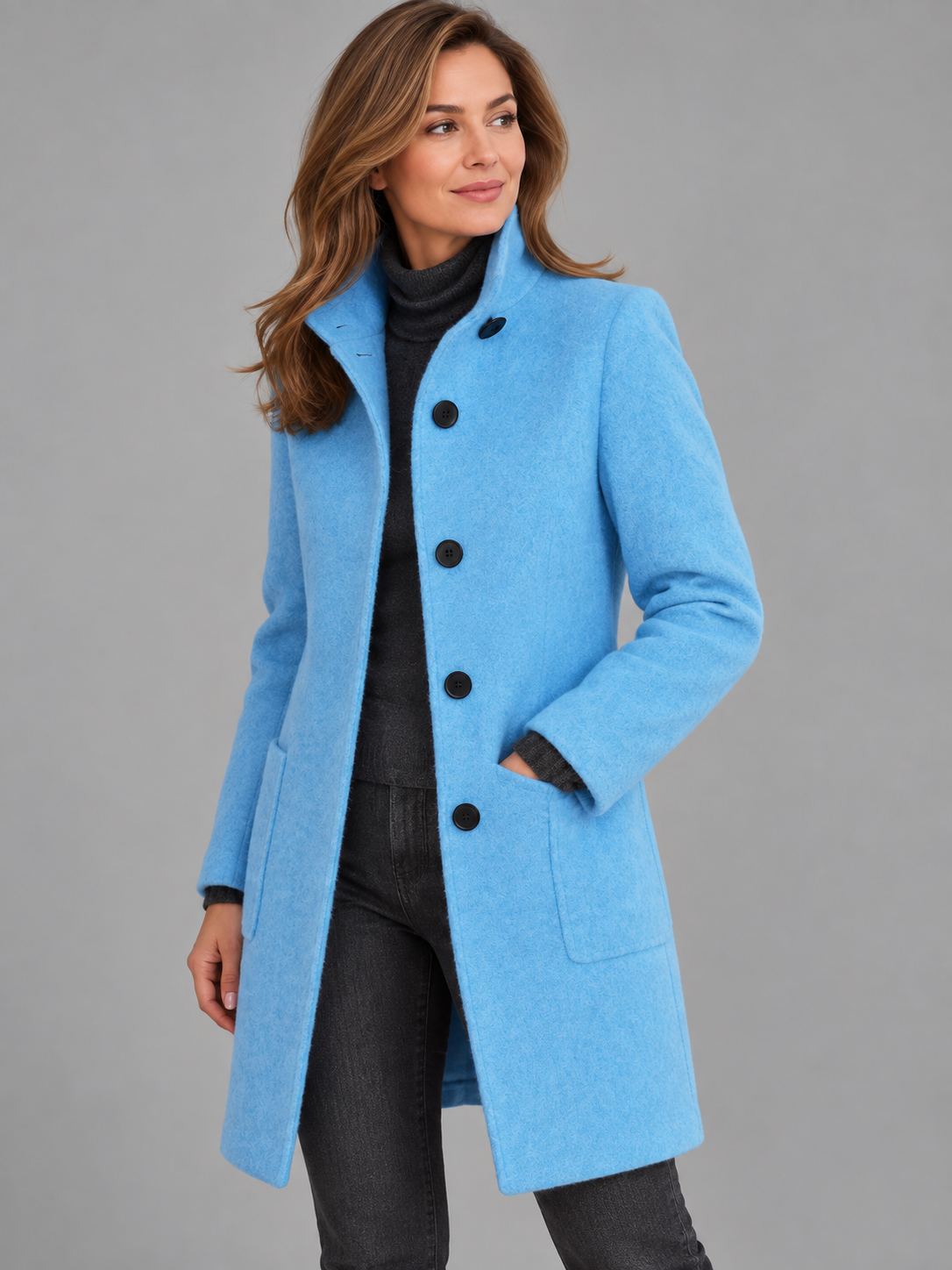 Mia | Women’s Stand-Collar Coat | Button Front Side Pockets Everyday Wear - light blue, image 30 - Glorysoul