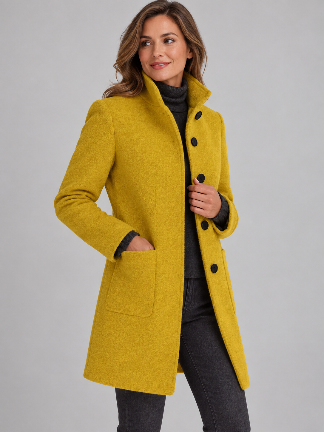 Mia | Women’s Stand-Collar Coat | Button Front Side Pockets Everyday Wear - mustard yellow, image 32 - Glorysoul
