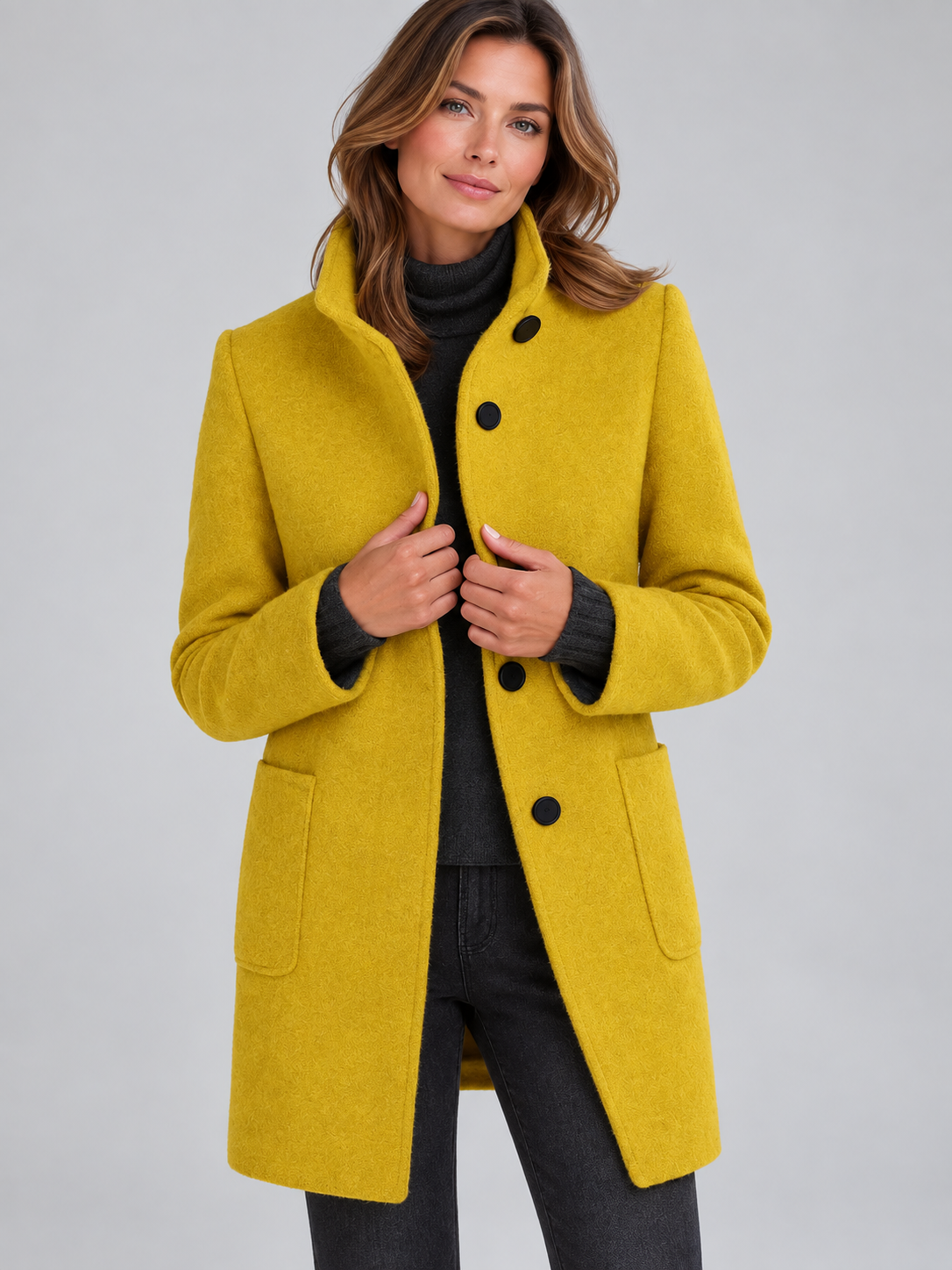 Mia | Women’s Stand-Collar Coat | Button Front Side Pockets Everyday Wear - mustard yellow, image 33 - Glorysoul