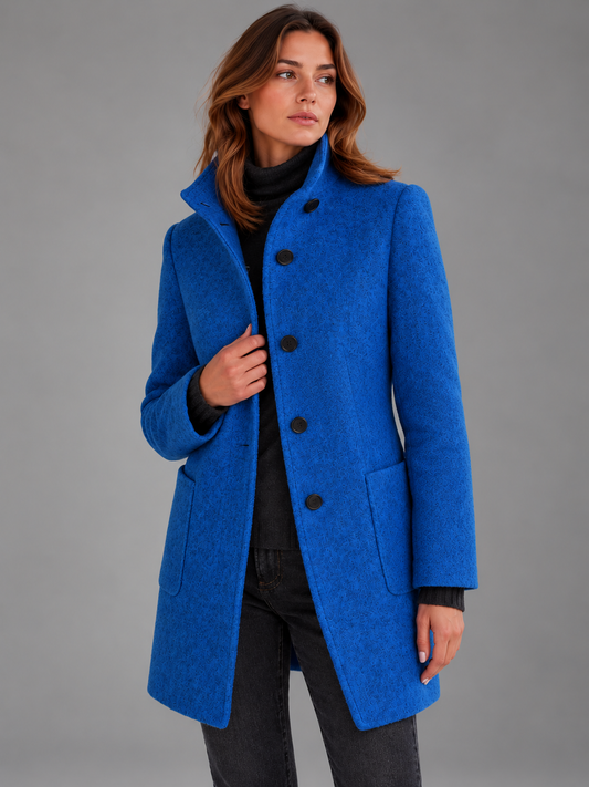 Mia | Women’s Stand-Collar Coat | Button Front Side Pockets Everyday Wear - navy blue, image 01 - Glorysoul