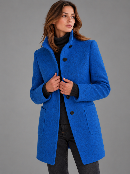 Mia | Women’s Stand-Collar Coat | Button Front Side Pockets Everyday Wear - navy blue, image 02 - Glorysoul