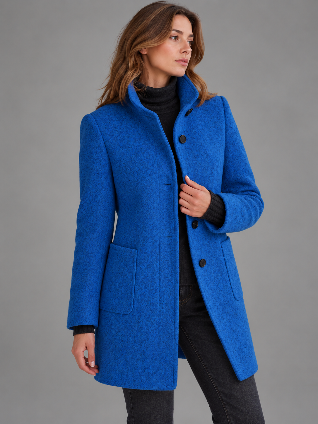 Mia | Women’s Stand-Collar Coat | Button Front Side Pockets Everyday Wear - navy blue, image 03 - Glorysoul