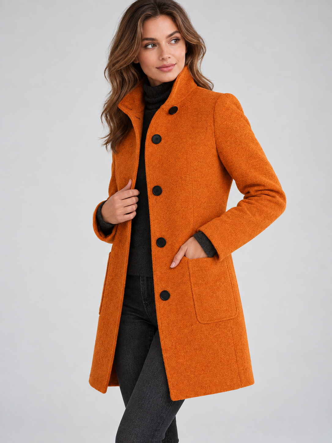 Mia | Women’s Stand-Collar Coat | Button Front Side Pockets Everyday Wear - orange, image 23 - Glorysoul