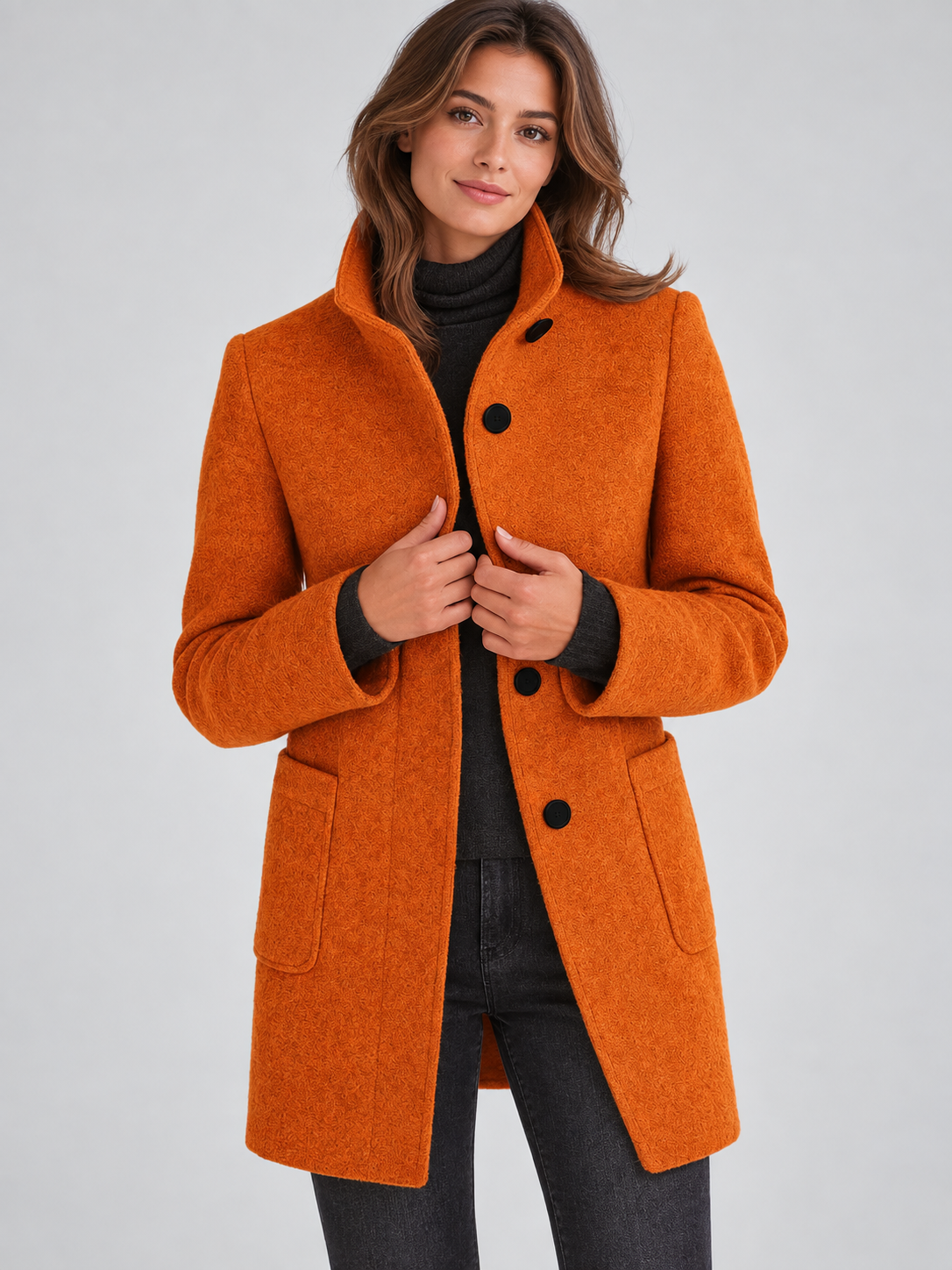 Mia | Women’s Stand-Collar Coat | Button Front Side Pockets Everyday Wear - orange, image 24 - Glorysoul