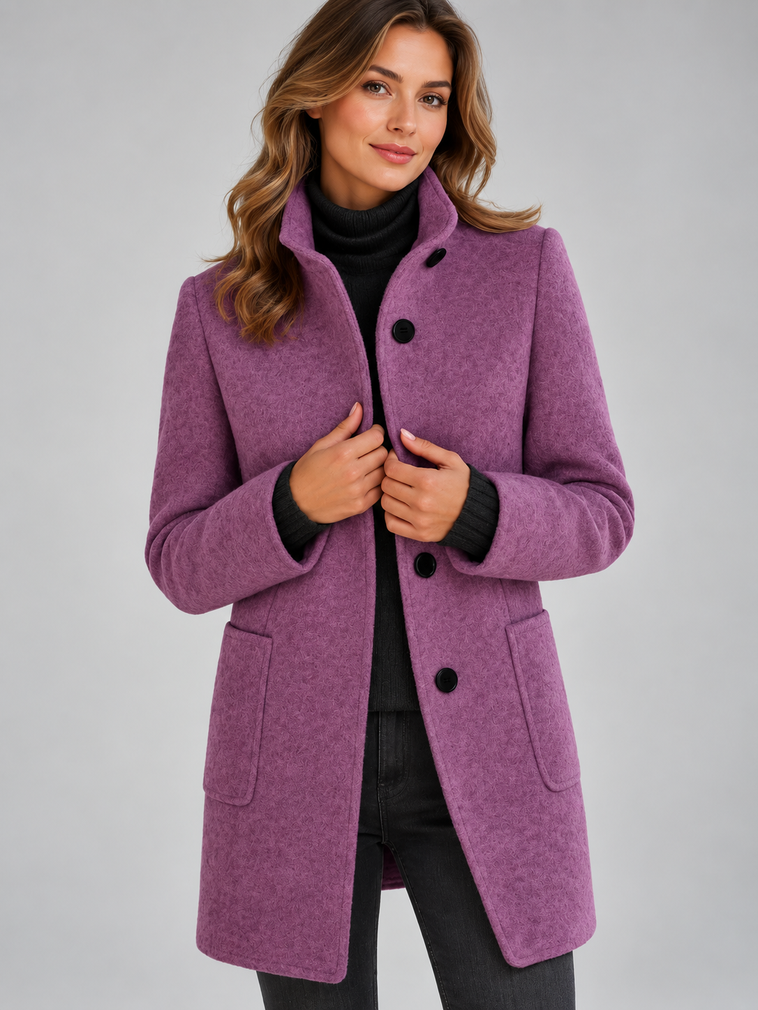 Mia | Women’s Stand-Collar Coat | Button Front Side Pockets Everyday Wear - plum, image 08 - Glorysoul