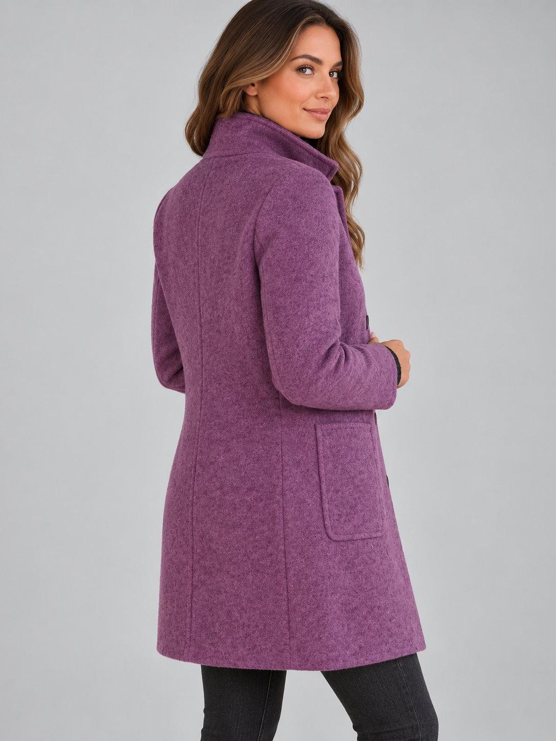Mia | Women’s Stand-Collar Coat | Button Front Side Pockets Everyday Wear - plum, image 09 - Glorysoul