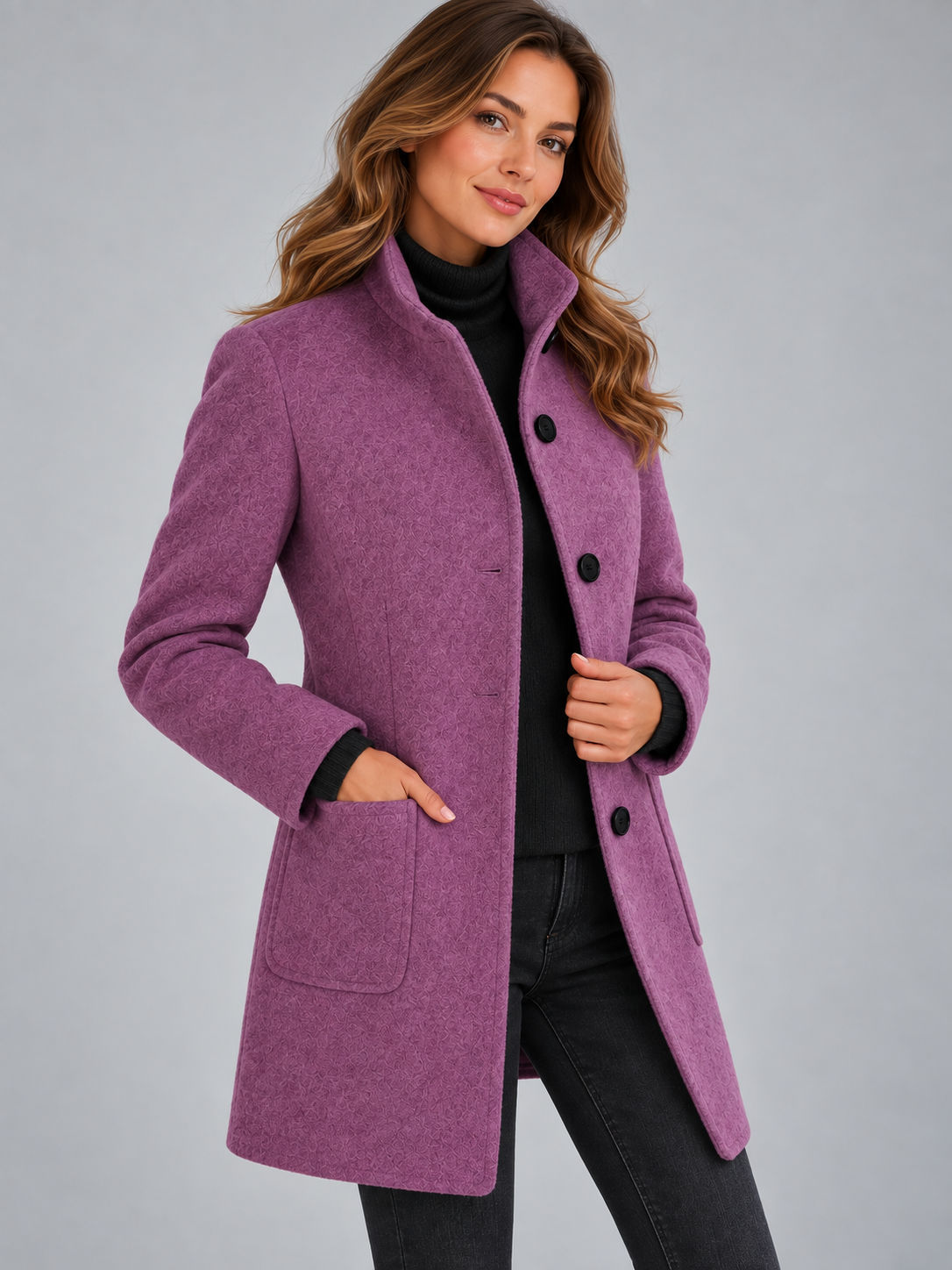Mia | Women’s Stand-Collar Coat | Button Front Side Pockets Everyday Wear - plum, image 10 - Glorysoul