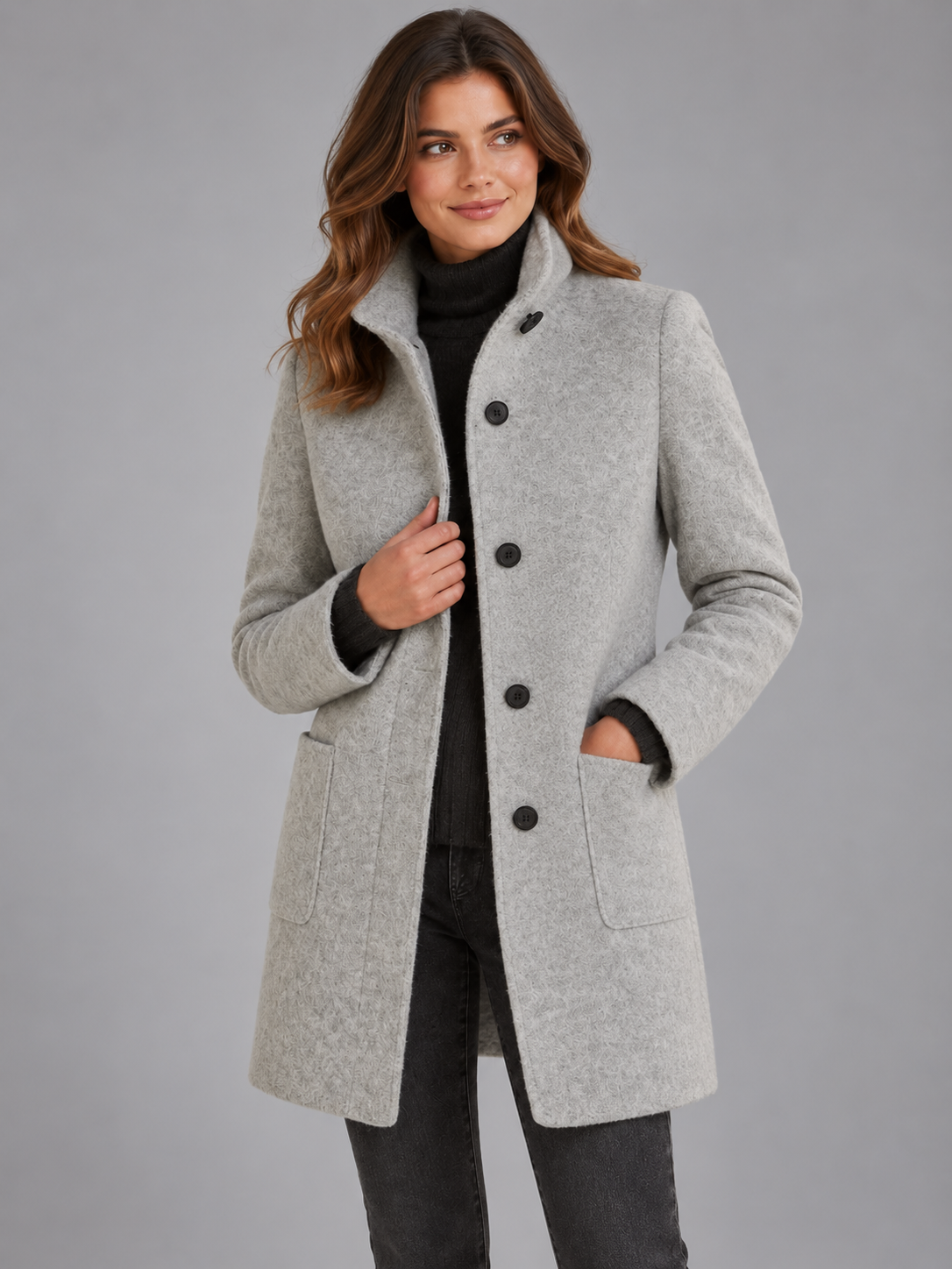 Mia | Women’s Stand-Collar Coat | Button Front Side Pockets Everyday Wear - slate grey, image 04 - Glorysoul