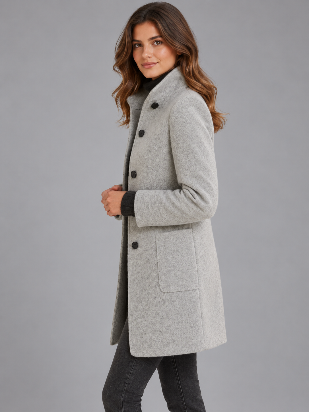 Mia | Women’s Stand-Collar Coat | Button Front Side Pockets Everyday Wear - slate grey, image 05 - Glorysoul