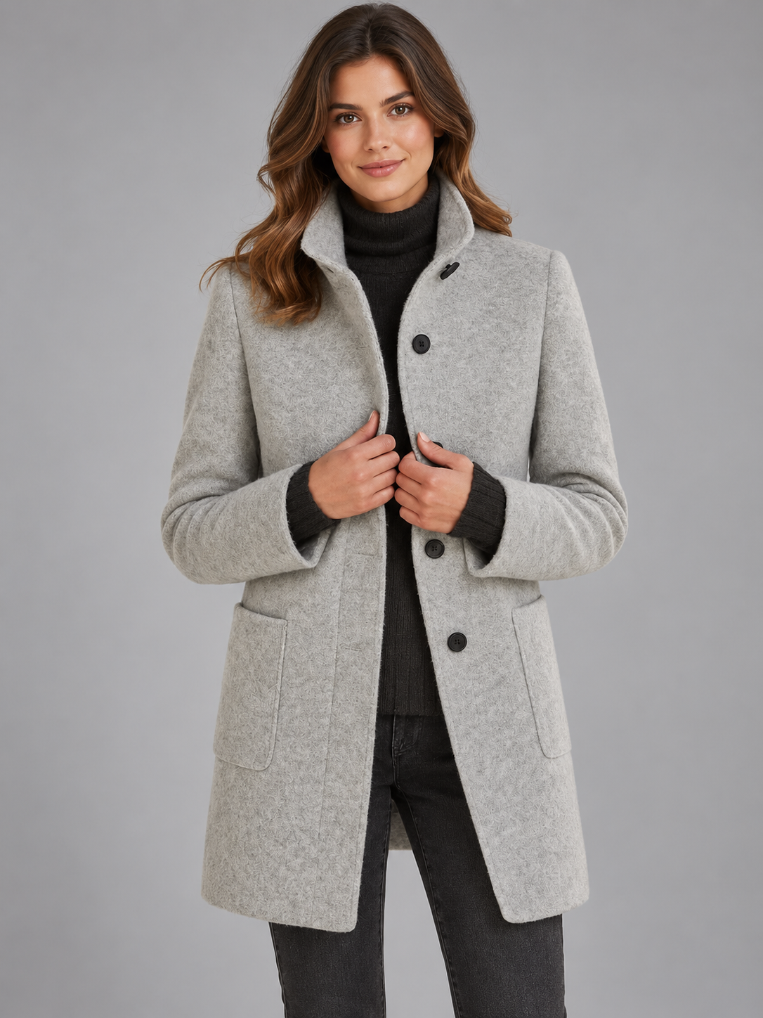 Mia | Women’s Stand-Collar Coat | Button Front Side Pockets Everyday Wear - slate grey, image 06 - Glorysoul