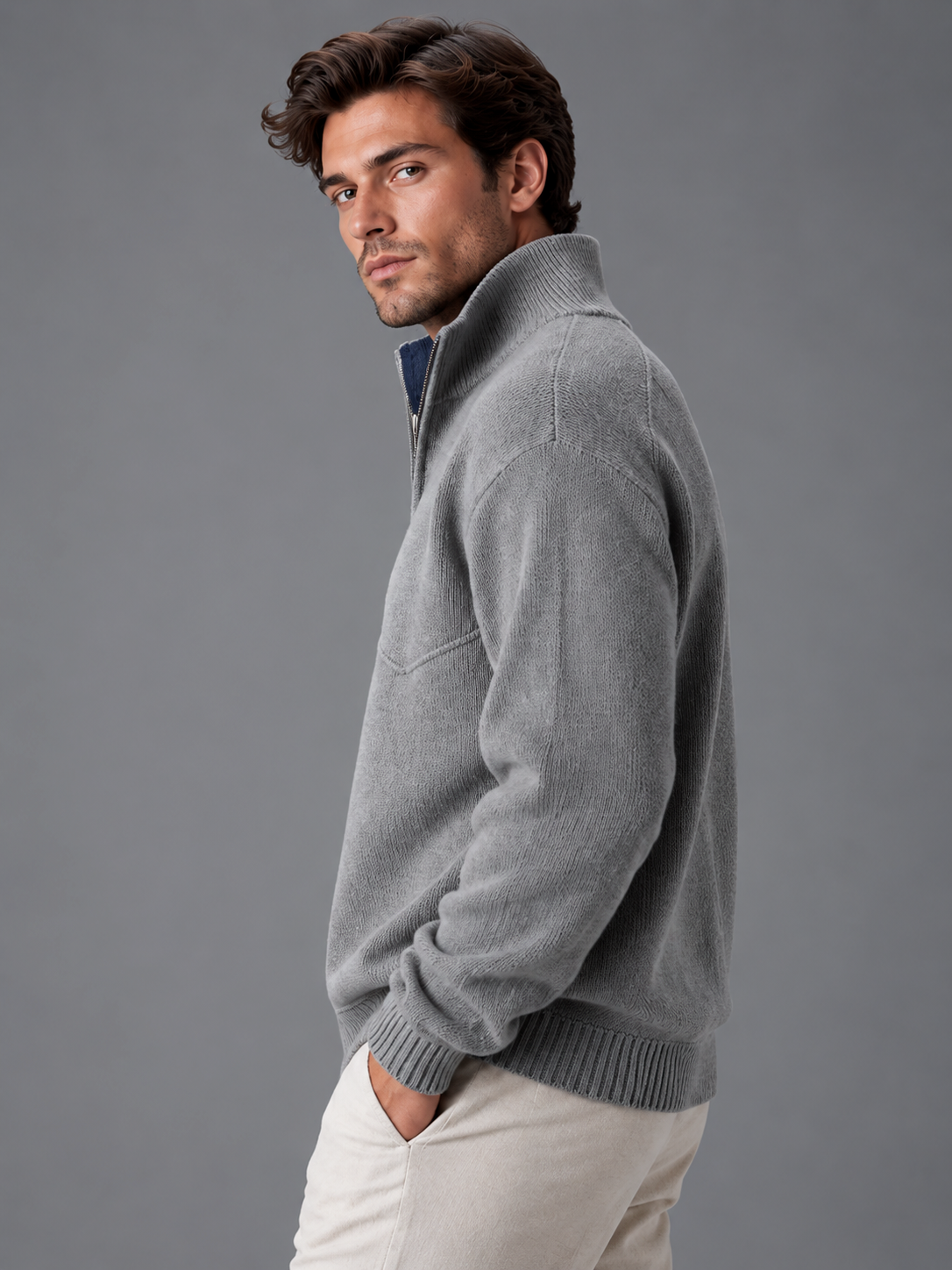 Noah | Men’s Zip-Up Cardigan | Stand Collar Side Pockets Everyday Wear - grey, image 07 - Glorysoul