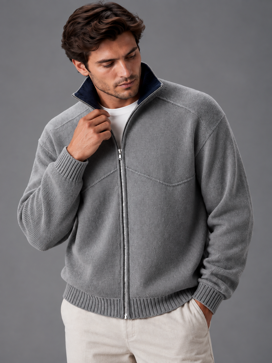 Noah | Men’s Zip-Up Cardigan | Stand Collar Side Pockets Everyday Wear - grey, image 08 - Glorysoul