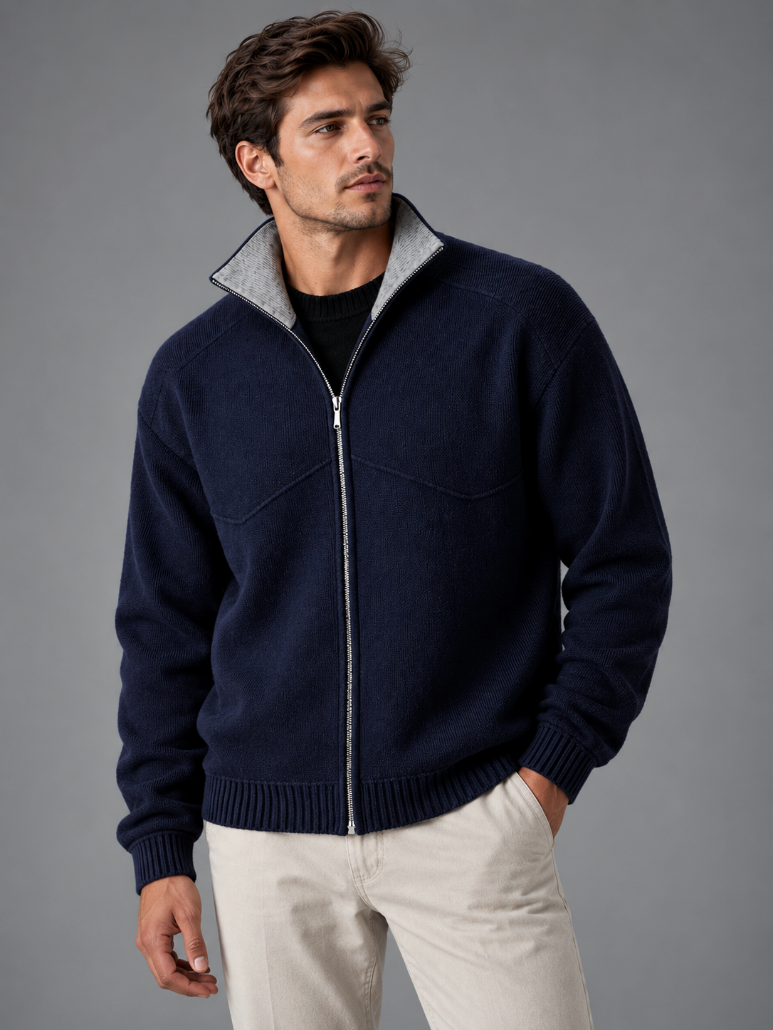 Noah | Men’s Zip-Up Cardigan | Stand Collar Side Pockets Everyday Wear - navy, image 01 - Glorysoul