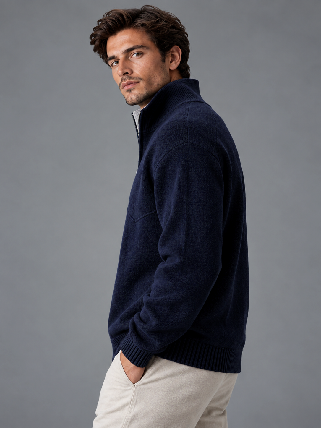 Noah | Men’s Zip-Up Cardigan | Stand Collar Side Pockets Everyday Wear - navy, image 03 - Glorysoul