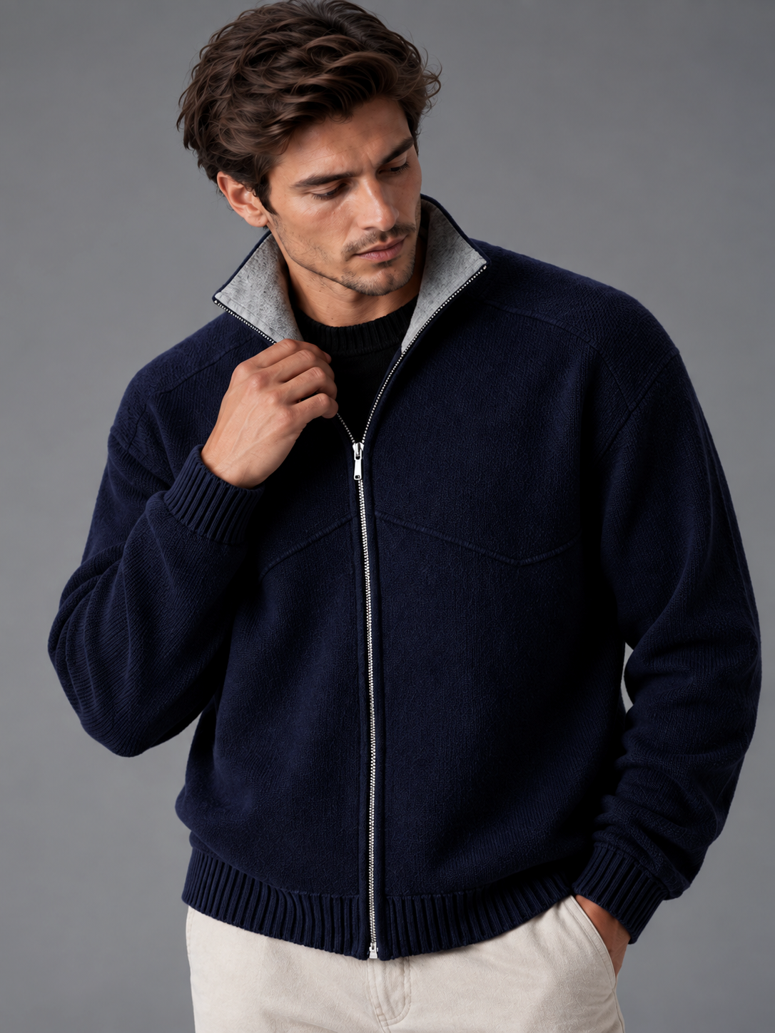 Noah | Men’s Zip-Up Cardigan | Stand Collar Side Pockets Everyday Wear - navy, image 04 - Glorysoul