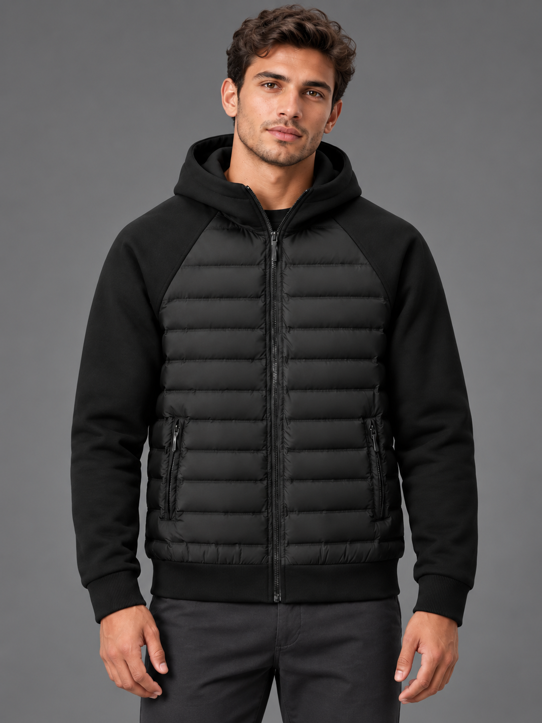 Oliver | Men’s Hooded Puffer Jacket | Front Zip Contrast Sleeves Everyday Wear - black, image 01 - Glorysoul