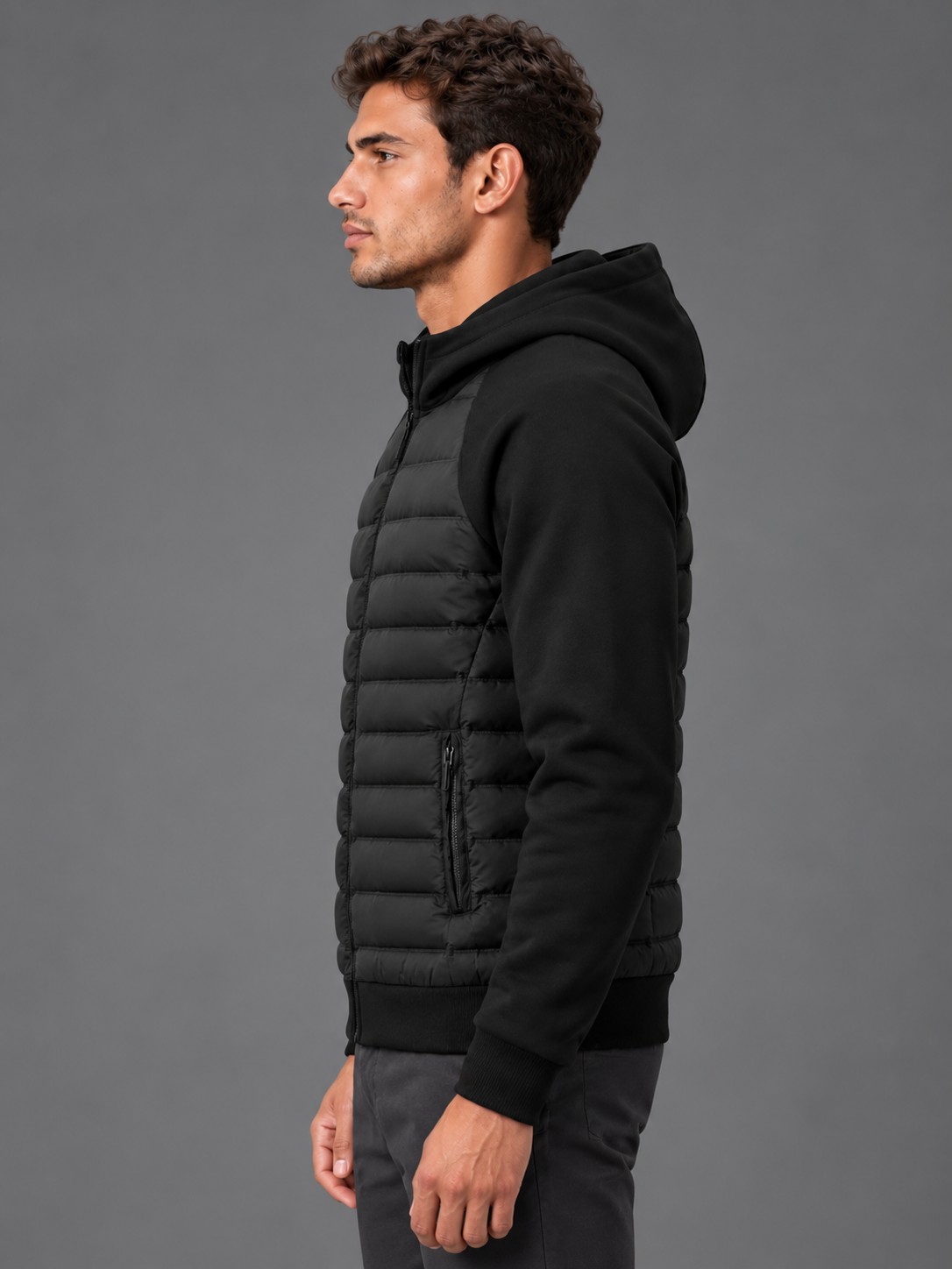 Oliver | Men’s Hooded Puffer Jacket | Front Zip Contrast Sleeves Everyday Wear - black, image 03 - Glorysoul