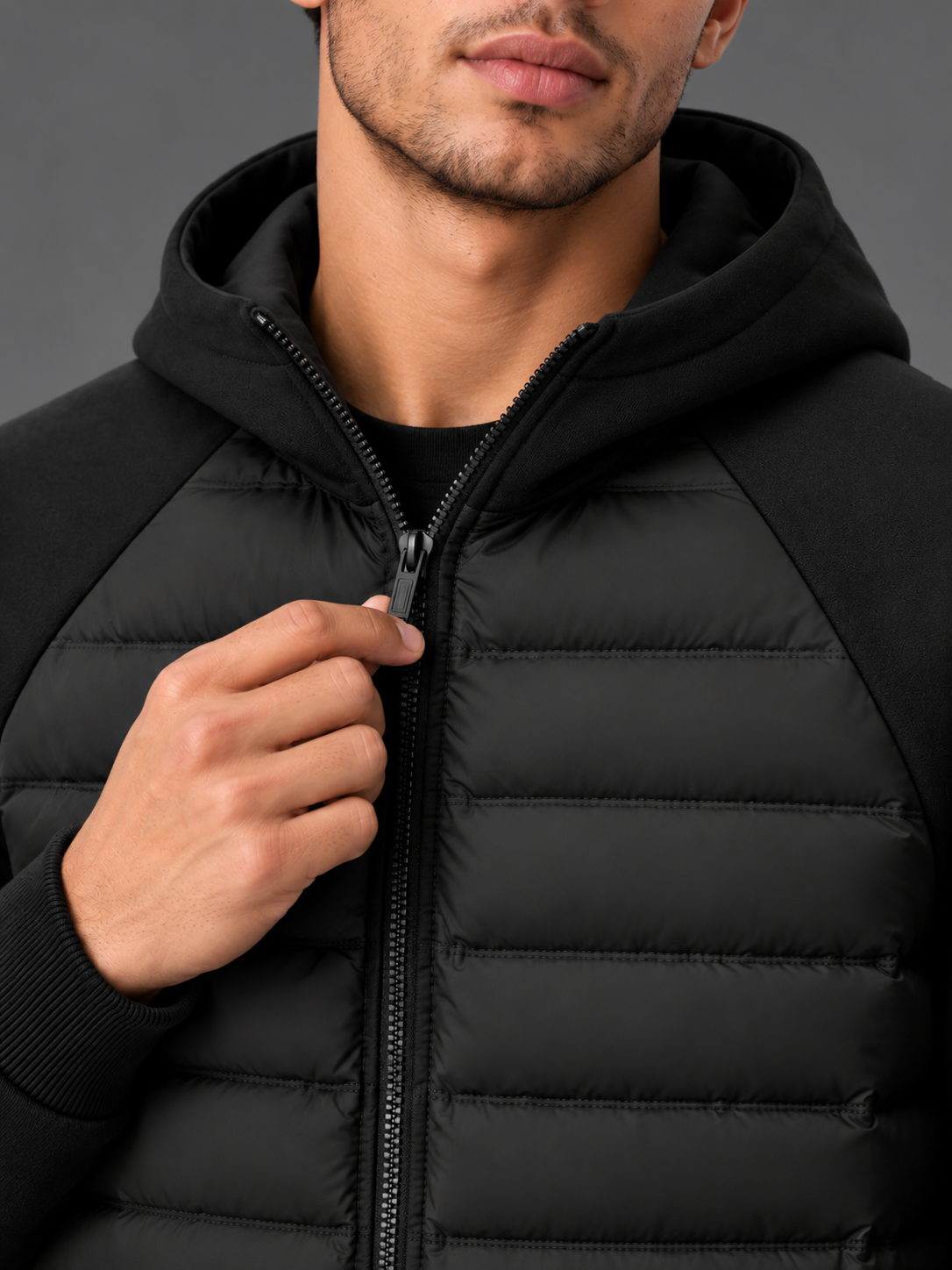 Oliver | Men’s Hooded Puffer Jacket | Front Zip Contrast Sleeves Everyday Wear - black, image 04 - Glorysoul