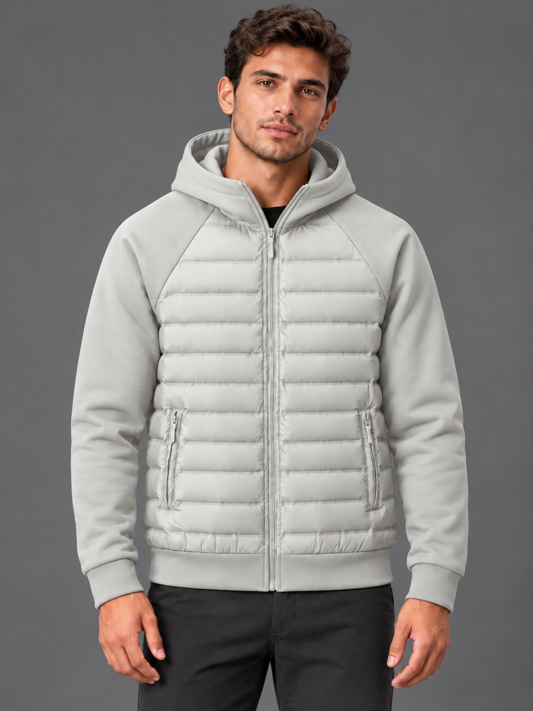 Oliver | Men’s Hooded Puffer Jacket | Front Zip Contrast Sleeves Everyday Wear - grey, image 05 - Glorysoul