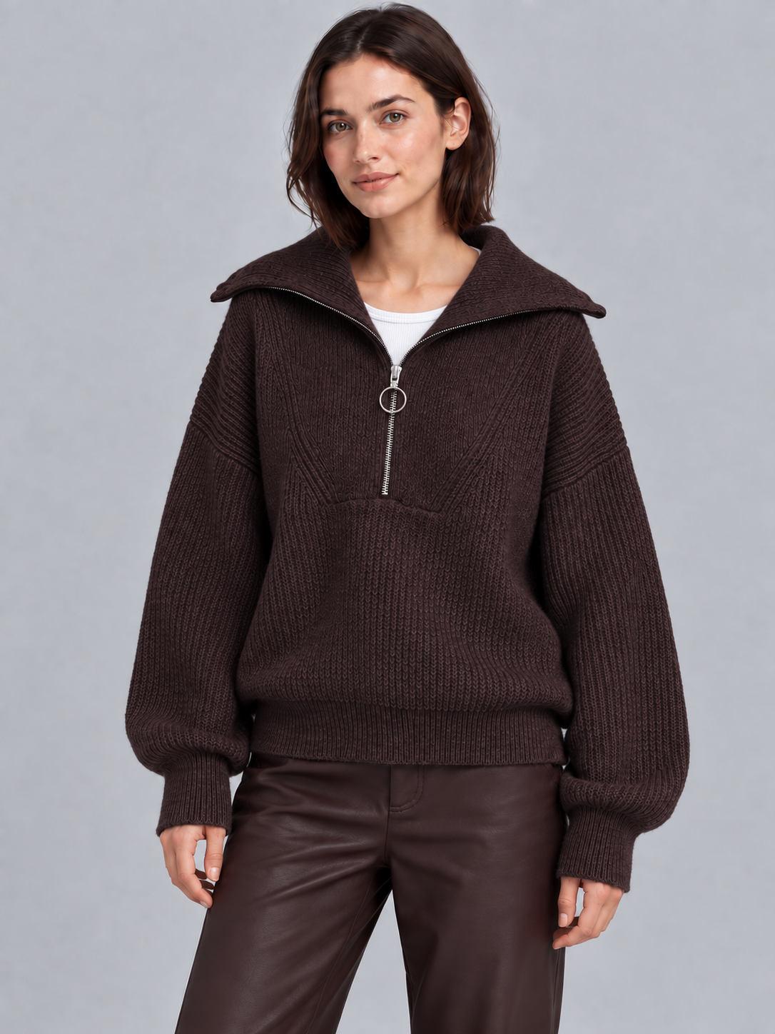 Olivia | Women’s Half-Zip Jumper | Wide Collar Dropped Shoulders Everyday Wear - brown, image 07 - Glorysoul