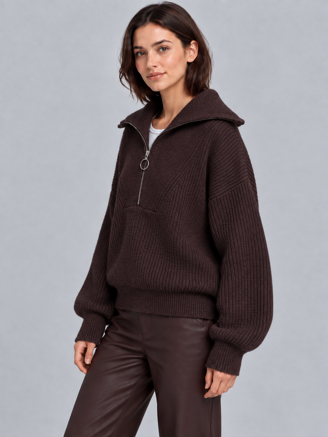 Olivia | Women’s Half-Zip Jumper | Wide Collar Dropped Shoulders Everyday Wear - brown, image 08 - Glorysoul