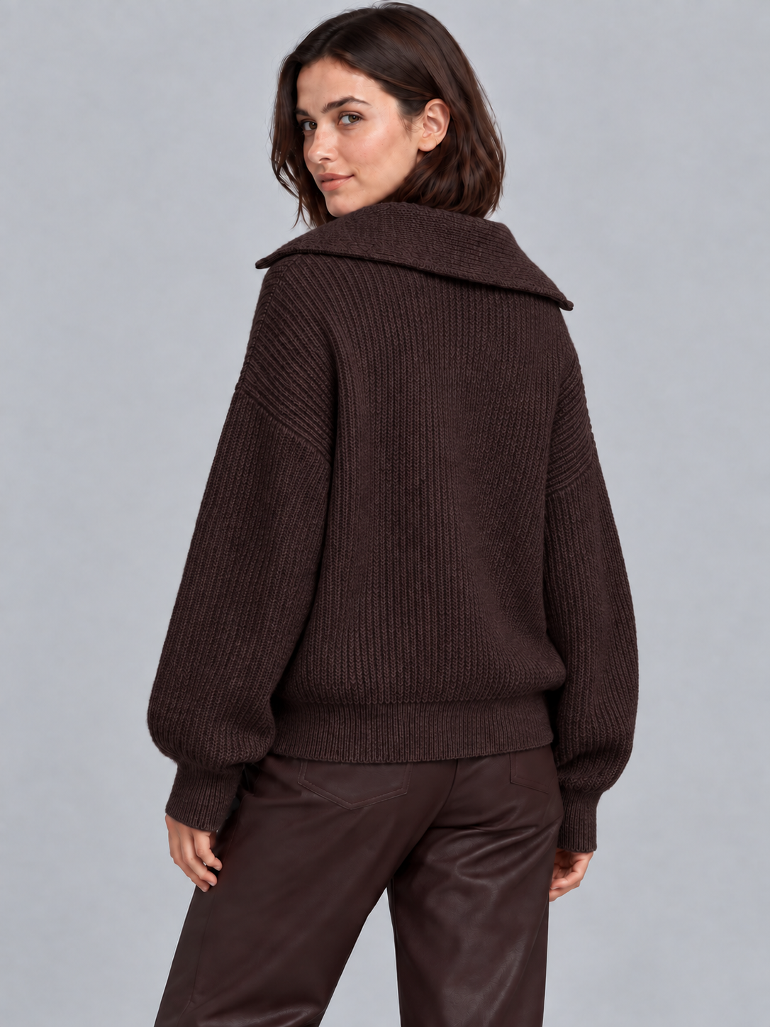 Olivia | Women’s Half-Zip Jumper | Wide Collar Dropped Shoulders Everyday Wear - brown, image 09 - Glorysoul
