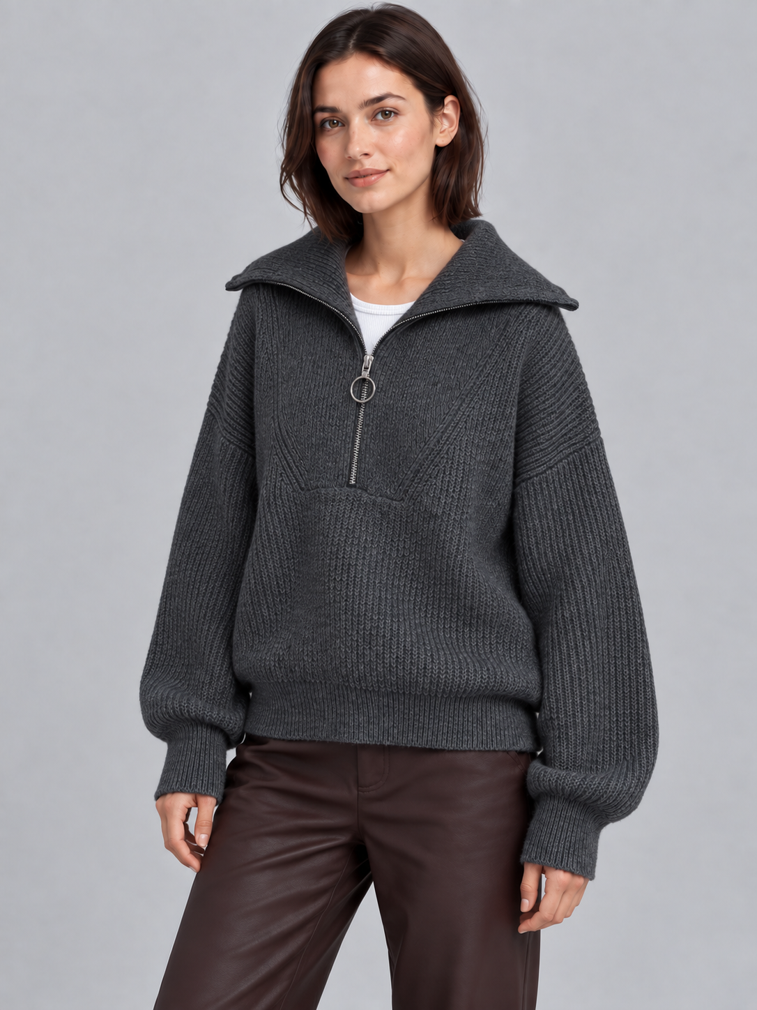 Olivia | Women’s Half-Zip Jumper | Wide Collar Dropped Shoulders Everyday Wear - dark grey, image 04 - Glorysoul