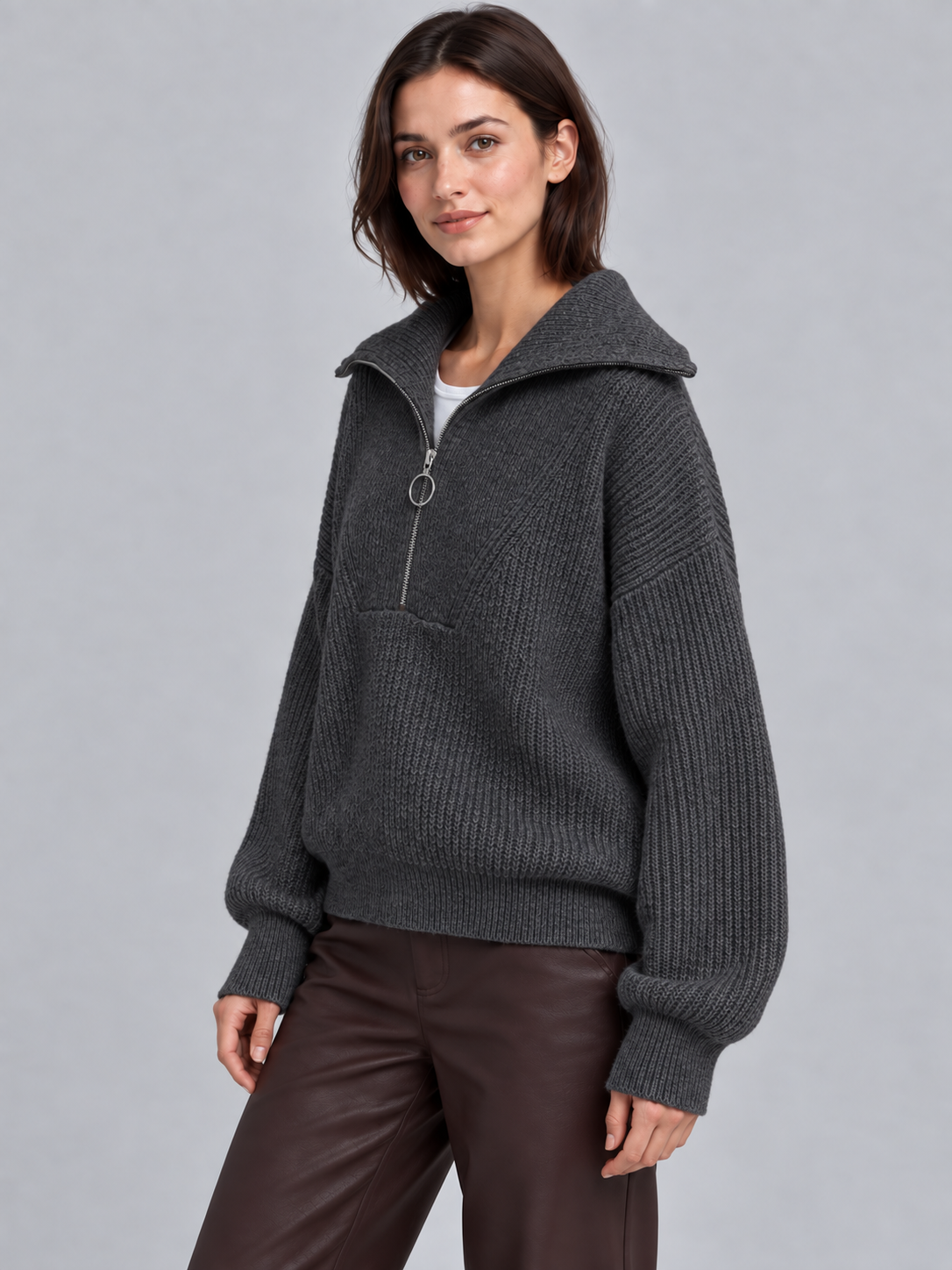 Olivia | Women’s Half-Zip Jumper | Wide Collar Dropped Shoulders Everyday Wear - dark grey, image 05 - Glorysoul