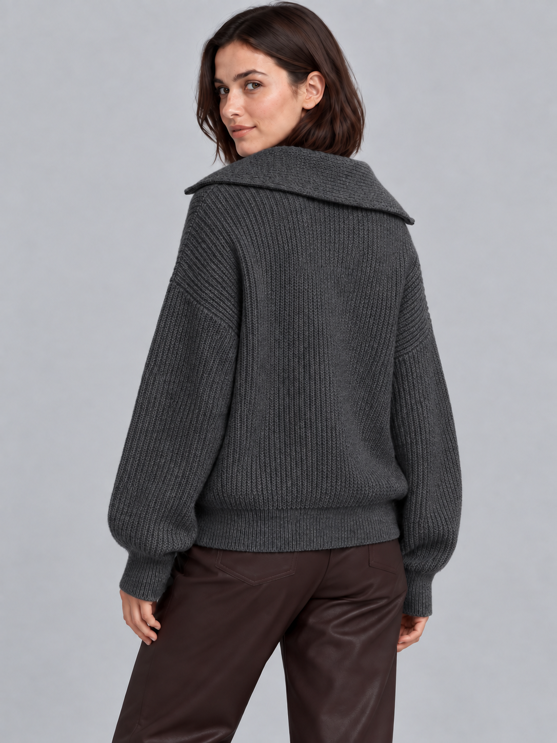 Olivia | Women’s Half-Zip Jumper | Wide Collar Dropped Shoulders Everyday Wear - dark grey, image 06 - Glorysoul