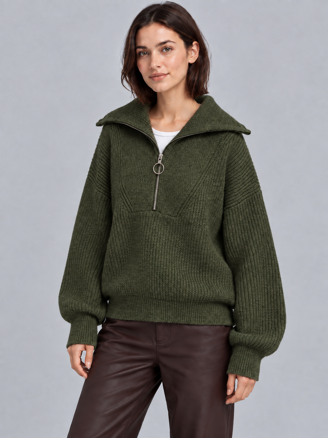 Olivia | Women’s Half-Zip Jumper | Wide Collar Dropped Shoulders Everyday Wear - green, image 16 - Glorysoul
