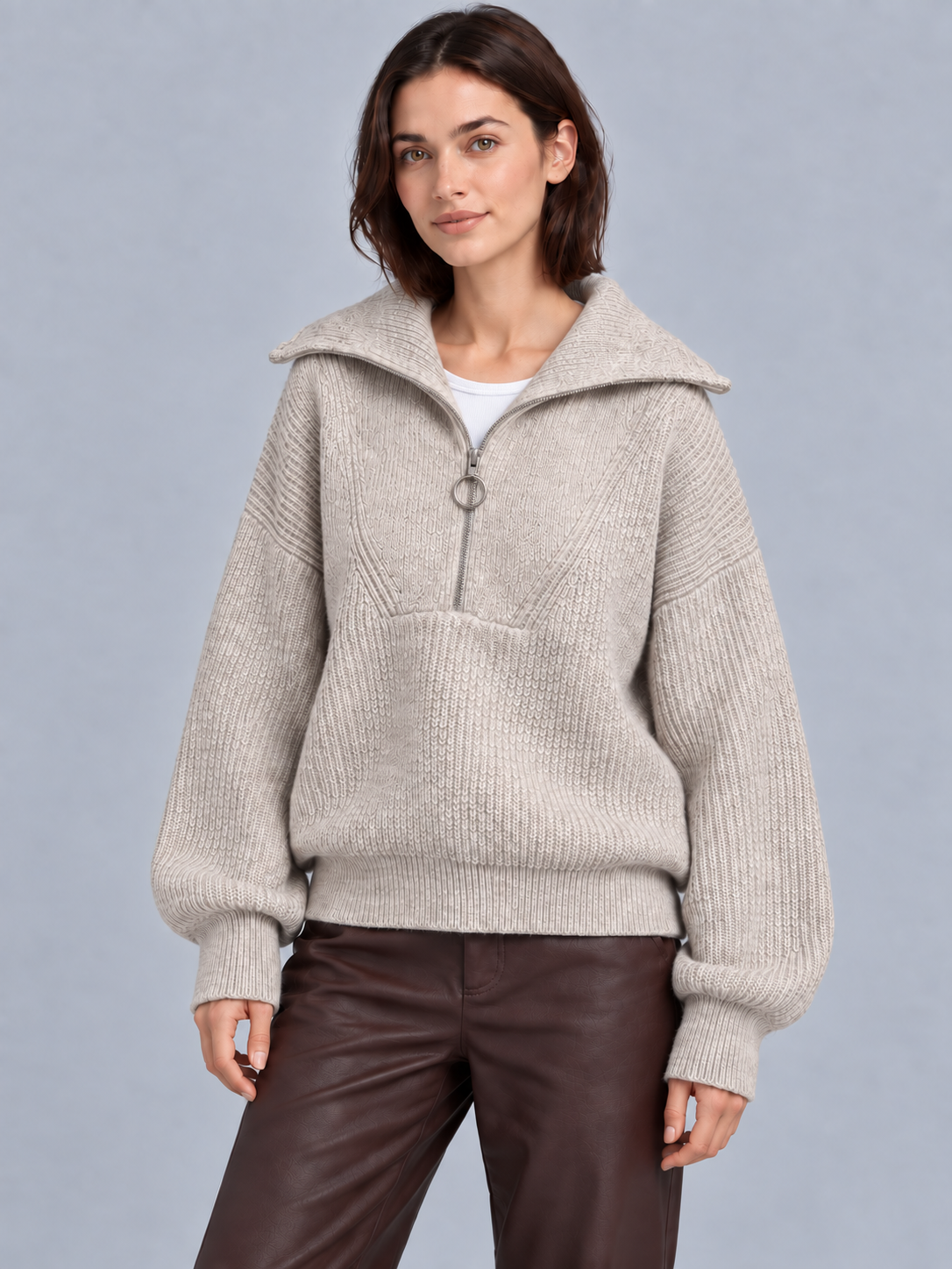 Olivia | Women’s Half-Zip Jumper | Wide Collar Dropped Shoulders Everyday Wear - khaki, image 10 - Glorysoul