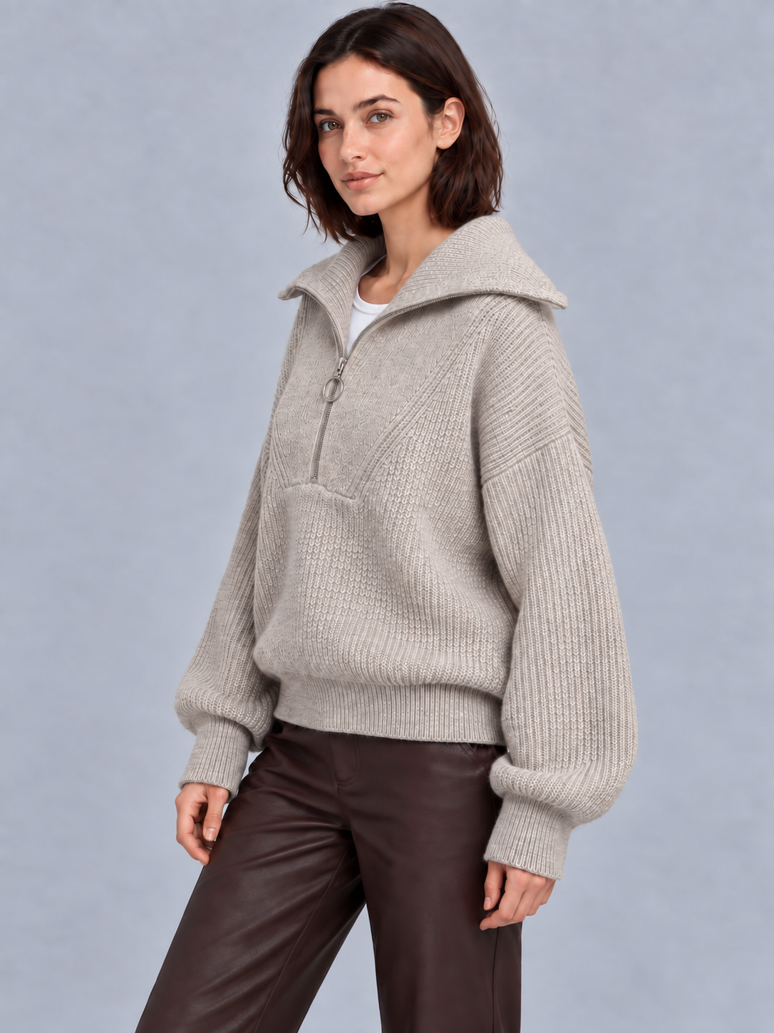 Olivia | Women’s Half-Zip Jumper | Wide Collar Dropped Shoulders Everyday Wear - khaki, image 11 - Glorysoul