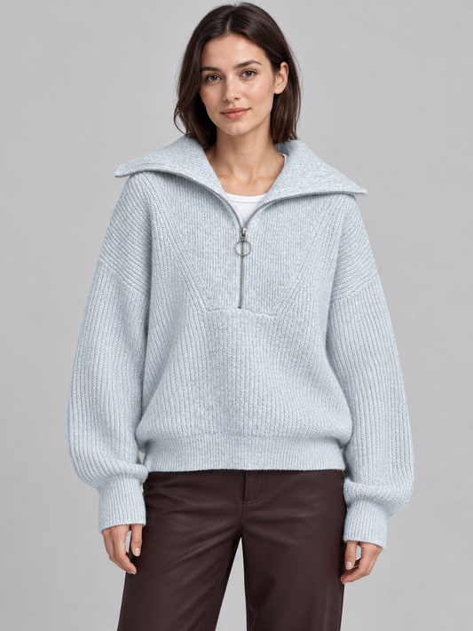 Olivia | Women’s Half-Zip Jumper | Wide Collar Dropped Shoulders Everyday Wear - light grey, image 01 - Glorysoul