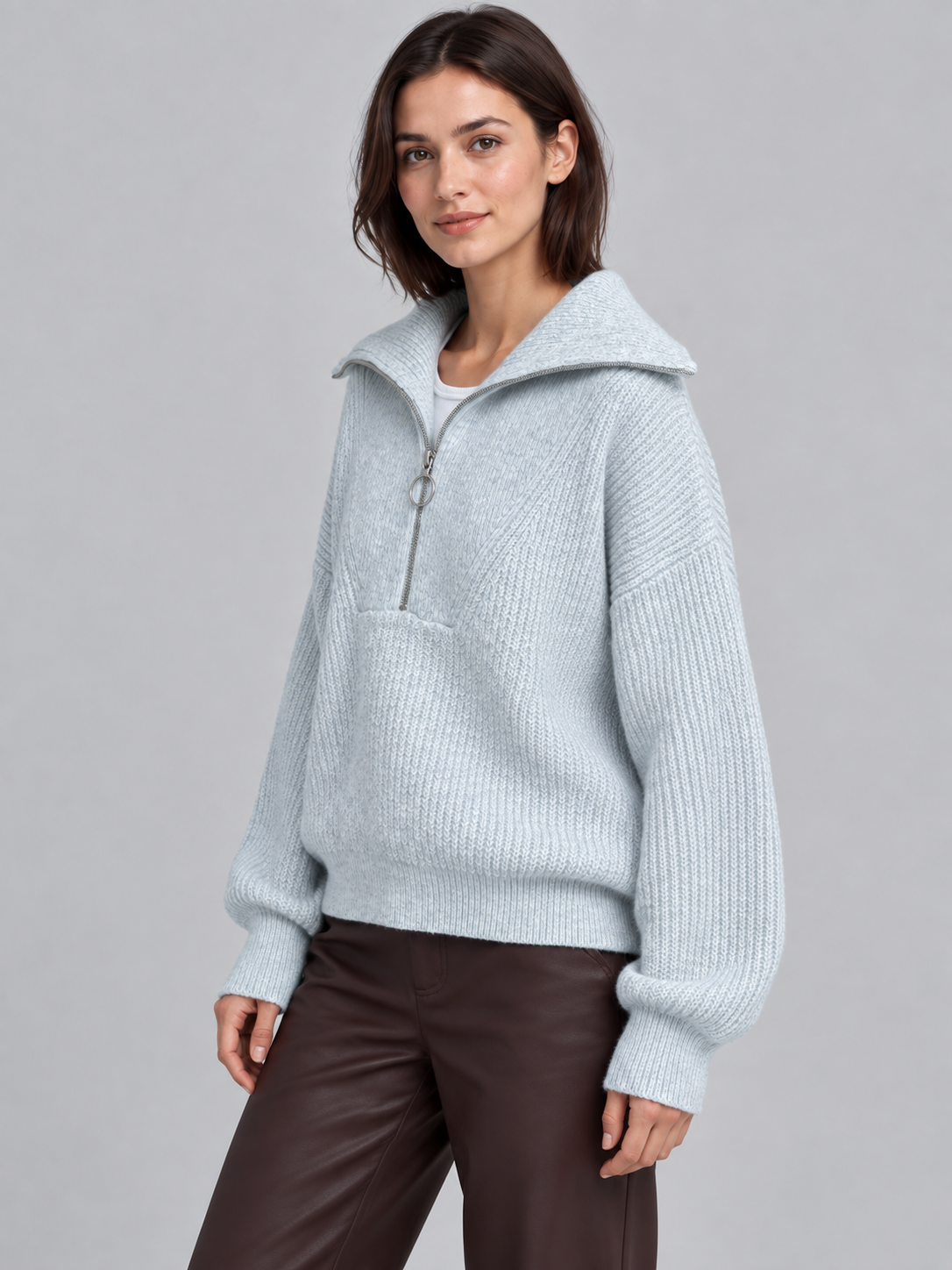 Olivia | Women’s Half-Zip Jumper | Wide Collar Dropped Shoulders Everyday Wear - light grey, image 02 - Glorysoul
