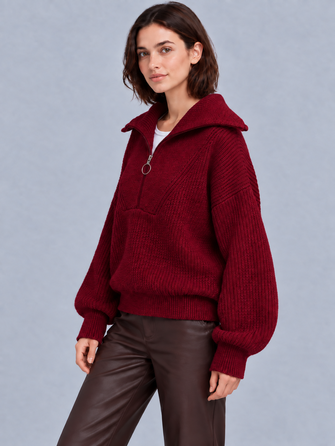 Olivia | Women’s Half-Zip Jumper | Wide Collar Dropped Shoulders Everyday Wear - red, image 13 - Glorysoul
