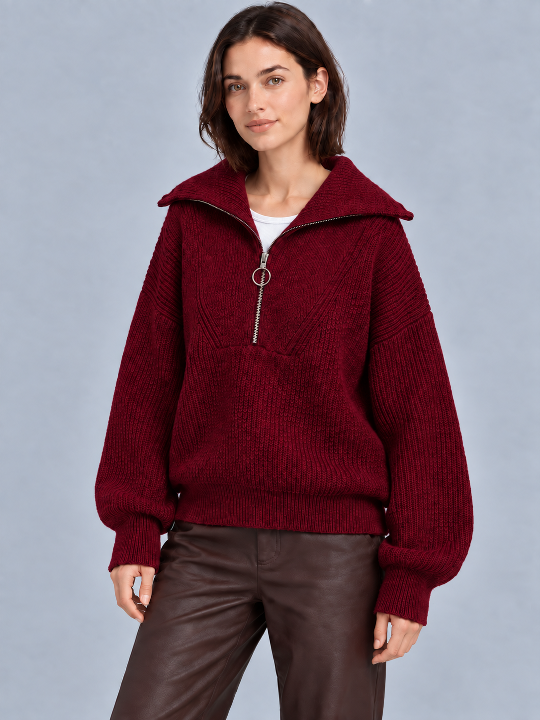 Olivia | Women’s Half-Zip Jumper | Wide Collar Dropped Shoulders Everyday Wear - red, image 14 - Glorysoul