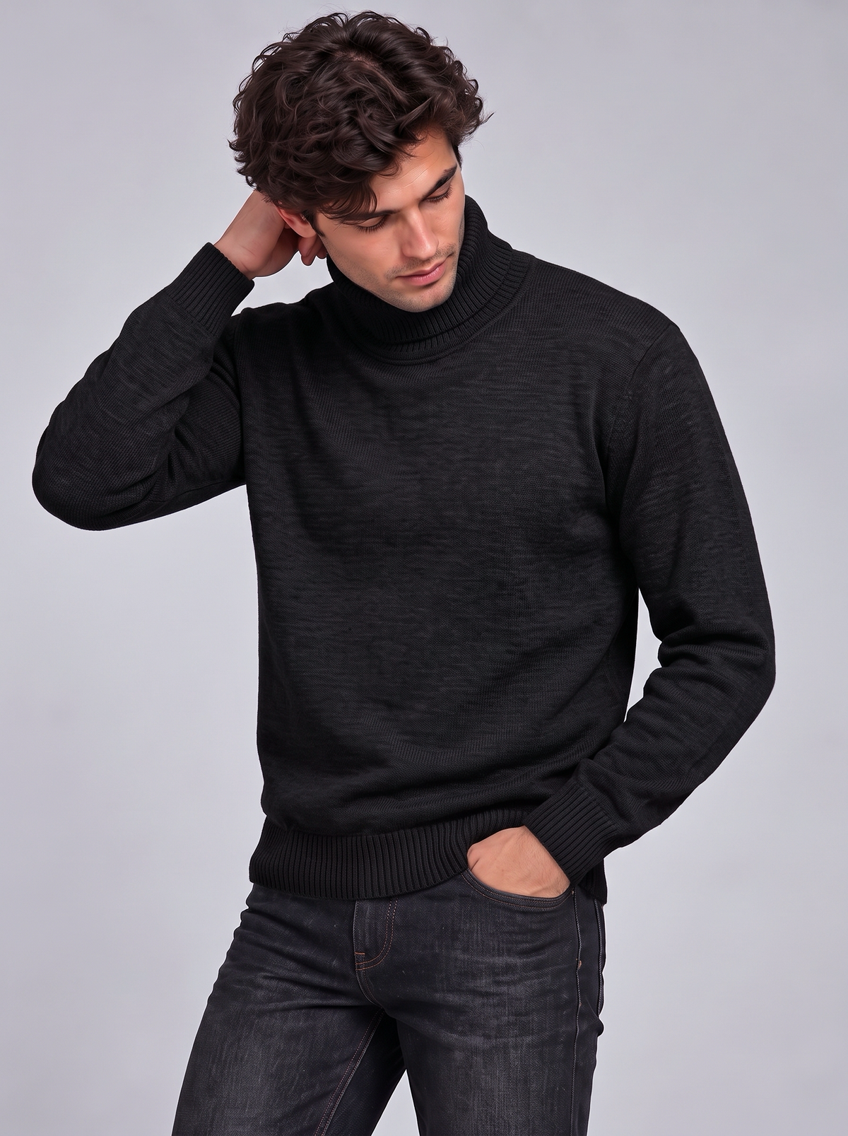 Oscar | Men’s Roll-Neck Jumper | Long Sleeves Ribbed Cuffs Everyday Wear - black, image 16 - Glorysoul