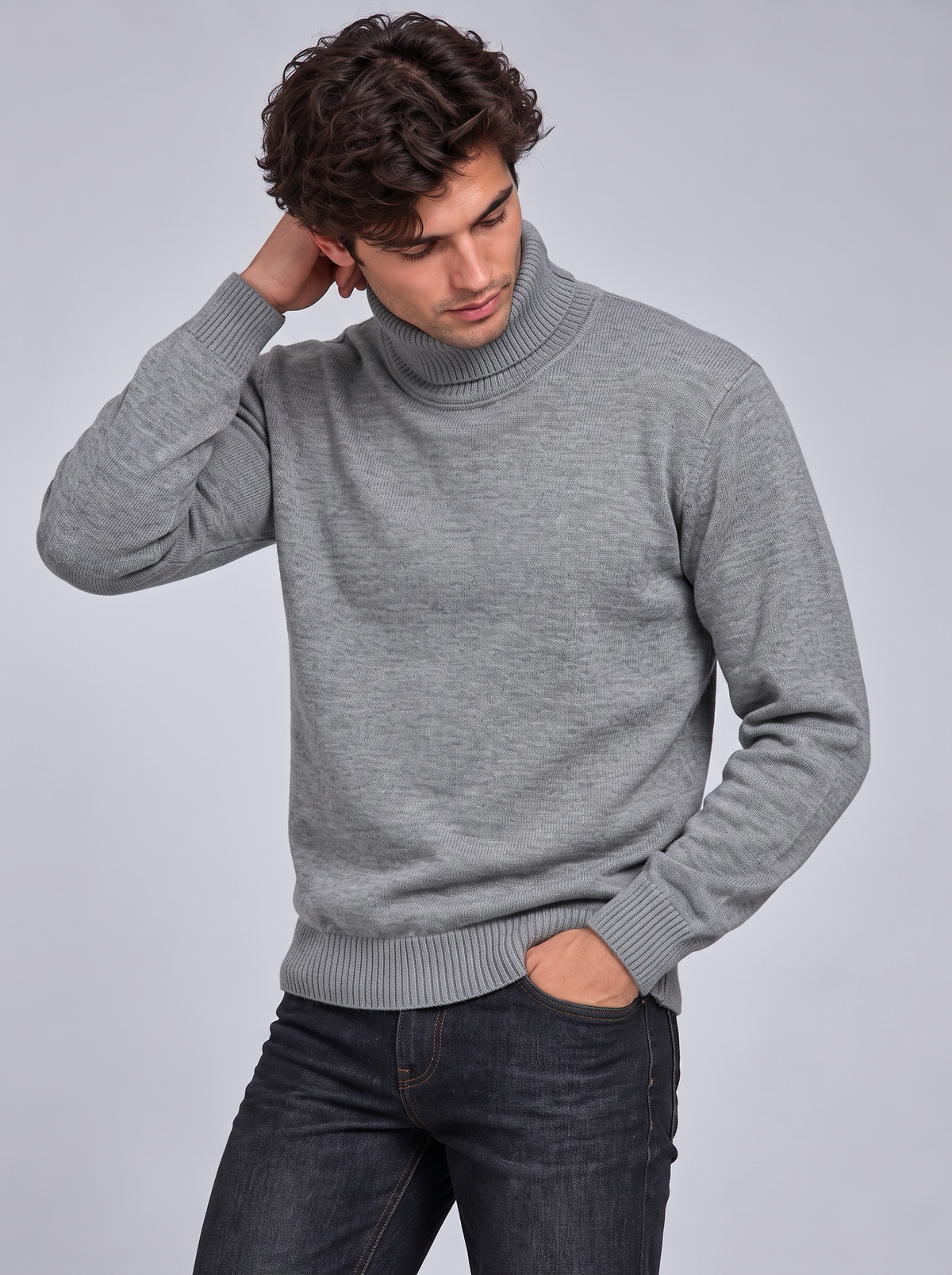 Oscar | Men’s Roll-Neck Jumper | Long Sleeves Ribbed Cuffs Everyday Wear - grey, image 04 - Glorysoul