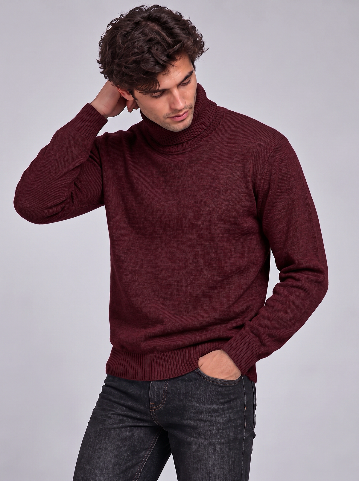 Oscar | Men’s Roll-Neck Jumper | Long Sleeves Ribbed Cuffs Everyday Wear - red, image 12 - Glorysoul