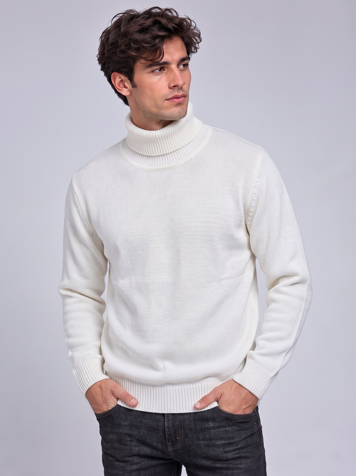 Oscar | Men’s Roll-Neck Jumper | Long Sleeves Ribbed Cuffs Everyday Wear - white, image 17 - Glorysoul