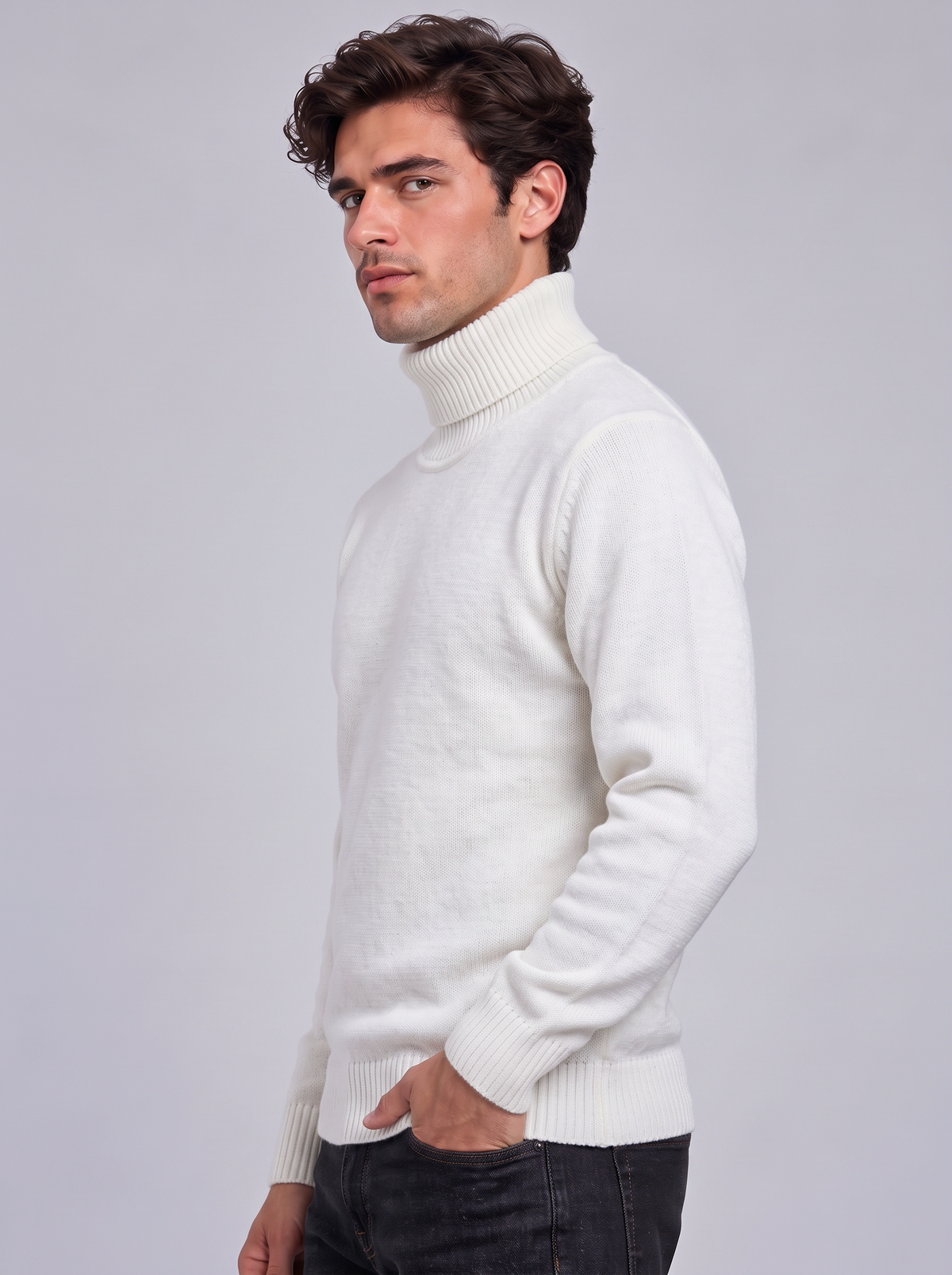 Oscar | Men’s Roll-Neck Jumper | Long Sleeves Ribbed Cuffs Everyday Wear - white, image 18 - Glorysoul