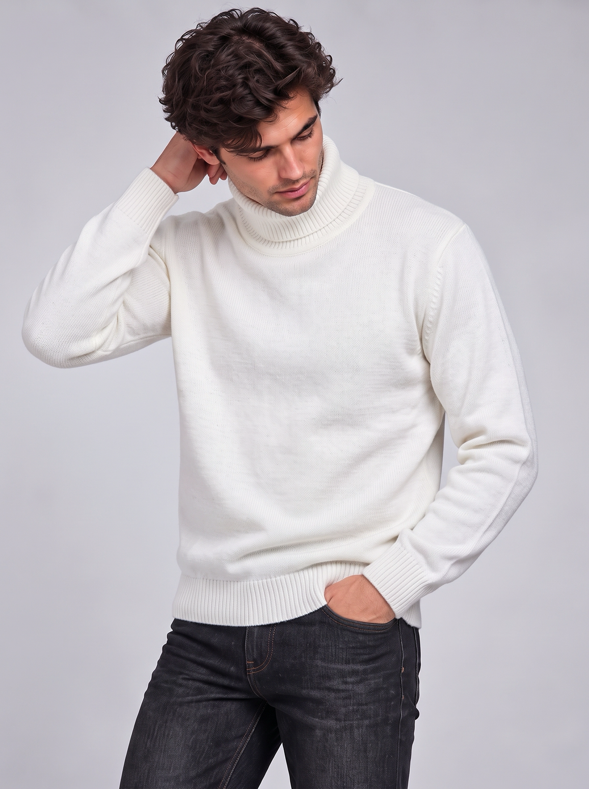 Oscar | Men’s Roll-Neck Jumper | Long Sleeves Ribbed Cuffs Everyday Wear - white, image 20 - Glorysoul