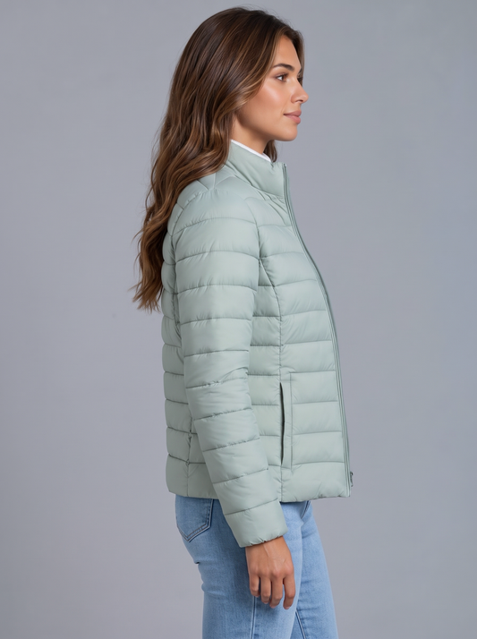Poppy | Women’s Stand-Collar Puffer Jacket | Front Zip Horizontal Quilting Everyday Wear - sage green, image 02 - Glorysoul