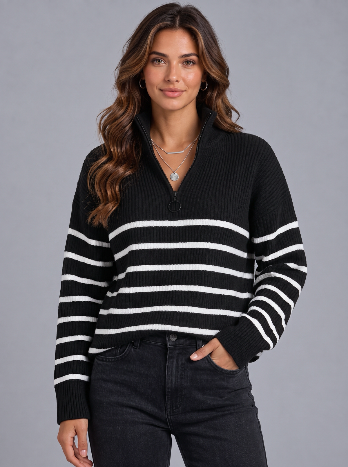 Rosie | Women’s Striped Half-Zip Jumper | Wide Collar Dropped Shoulders Everyday Wear - black, front view, image 01 - Glorysoul