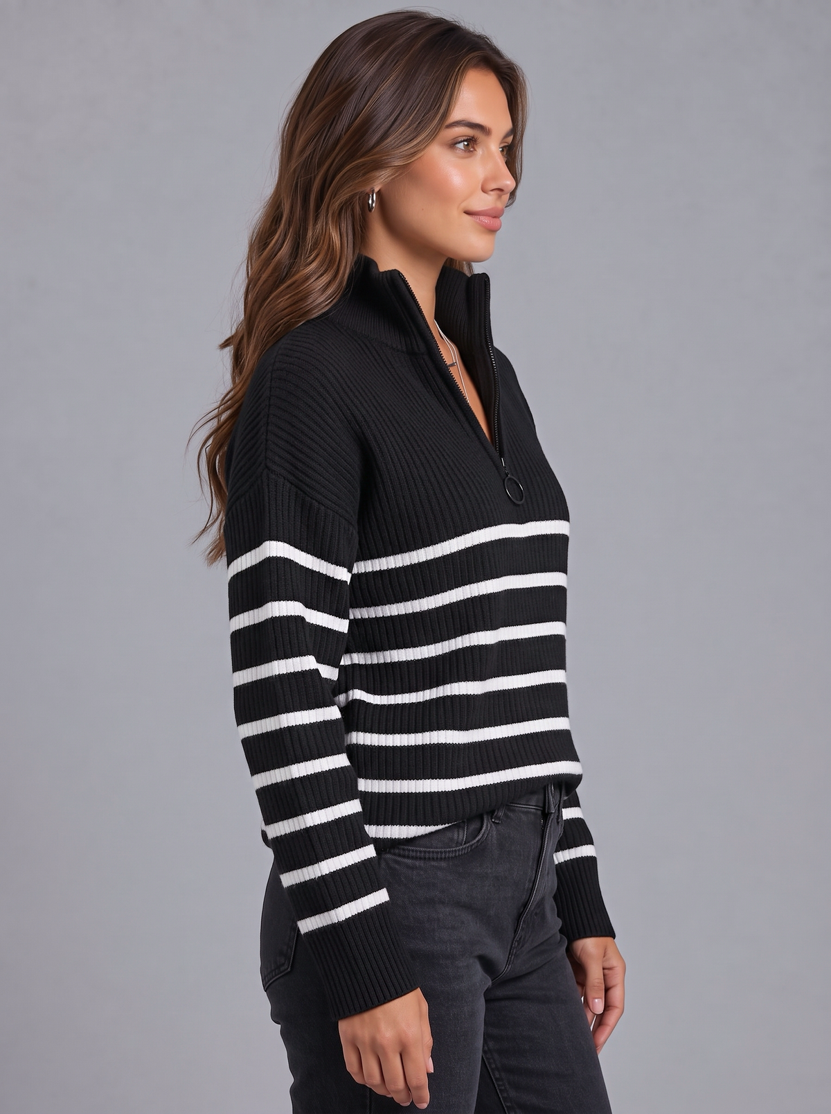 Rosie | Women’s Striped Half-Zip Jumper | Wide Collar Dropped Shoulders Everyday Wear - black, side view, image 02 - Glorysoul