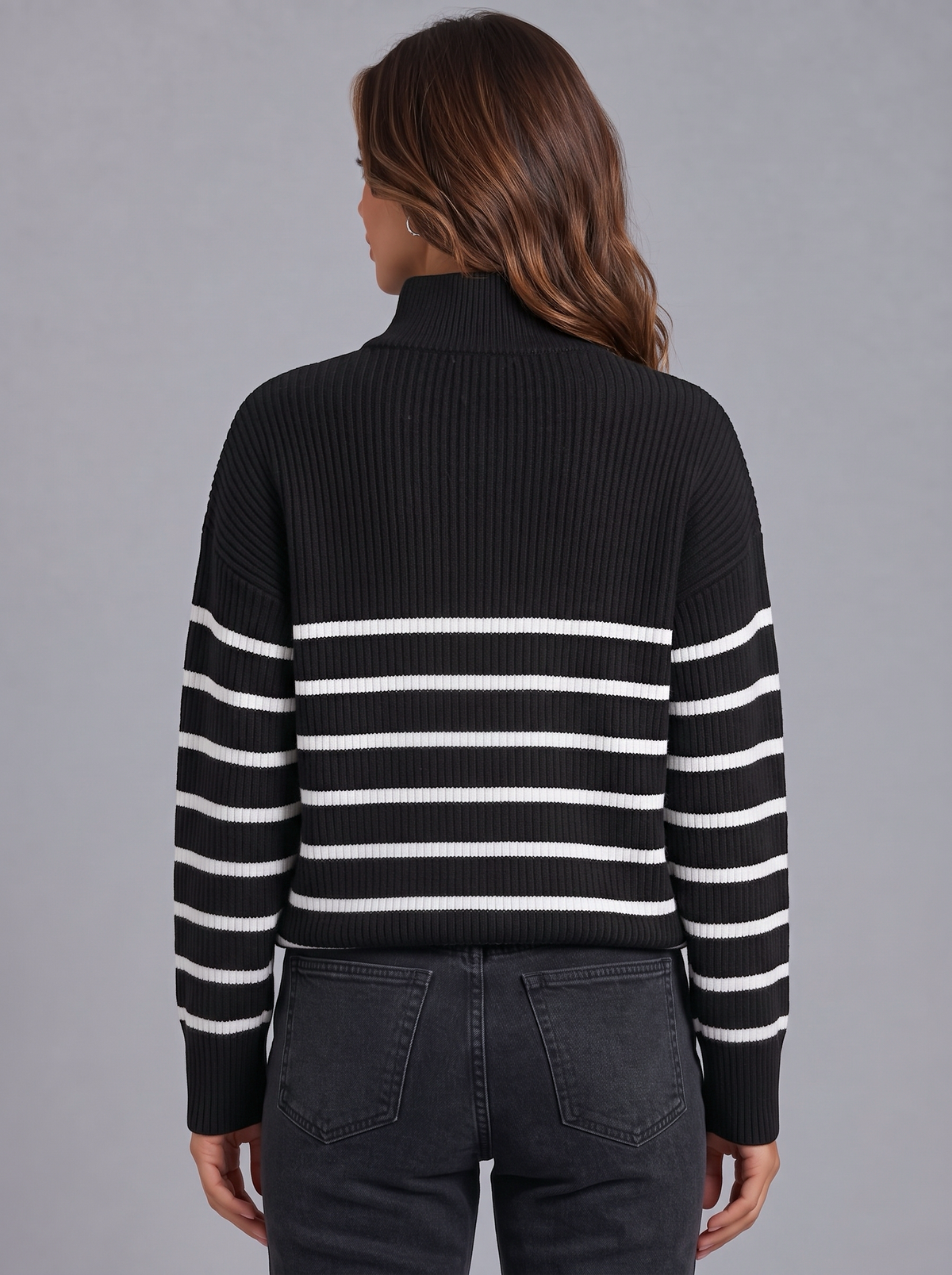 Rosie | Women’s Striped Half-Zip Jumper | Wide Collar Dropped Shoulders Everyday Wear - black, back view, image 03 - Glorysoul