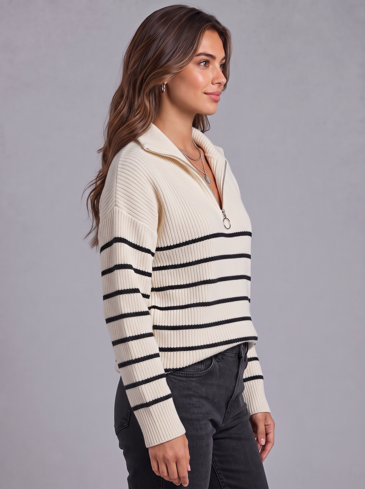 Rosie | Women’s Striped Half-Zip Jumper | Wide Collar Dropped Shoulders Everyday Wear - white, side view, image 05 - Glorysoul