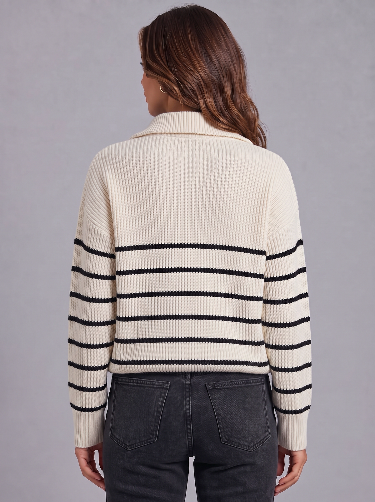 Rosie | Women’s Striped Half-Zip Jumper | Wide Collar Dropped Shoulders Everyday Wear - white, back view, image 06 - Glorysoul